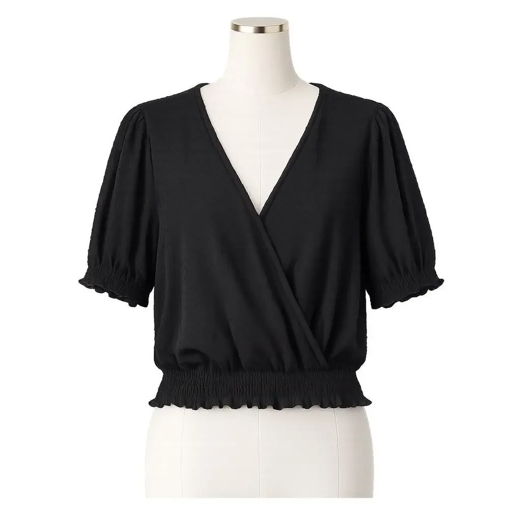 Madewell Texture & Thread Clipdot Smocked Crossover Top – Black – Size S